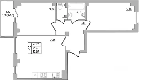 2-к кв. Псковская область, Псков ул. Юности, 32 (63.05 м)