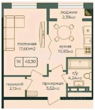 1-к кв. Дагестан, Каспийск просп. Акулиничева (43.3 м)