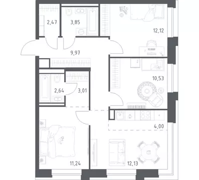 3-к кв. Москва Верейская 41 жилой комплекс, 1.1 (71.96 м)