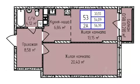 2-к кв. Удмуртия, Ижевск ул. Героя России Ильфата Закирова, 20А (56.39 ...