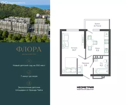 1-комнатная квартира: Сочи, улица Искры, 66/9к6 (33.4 м)