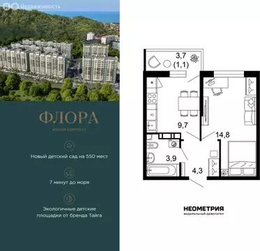 1-комнатная квартира: Сочи, улица Искры, 66/9к8 (33.9 м)