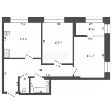 2-к кв. Тюменская область, Тюмень ул. Мельникайте, 38к1 (59.8 м)