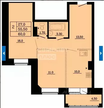 2-к кв. Омская область, Омск ул. Малиновского, 16к1 (60.0 м)