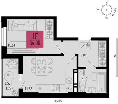 1-к кв. Ростовская область, Аксай  (34.0 м)