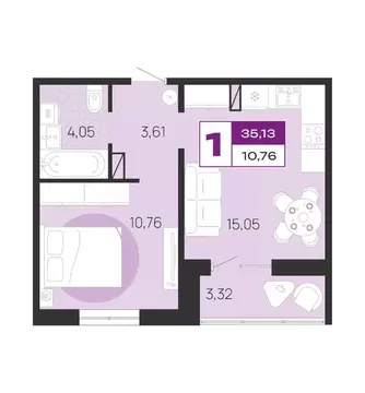 1-к кв. Брянская область, Брянск Медовый кв-л, поз7 (35.13 м)