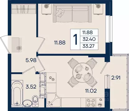 1-к кв. Краснодарский край, Краснодар  (33.27 м)