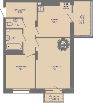 2-к кв. Пермский край, Пермь ш. Космонавтов, 309Ак1 (52.4 м)