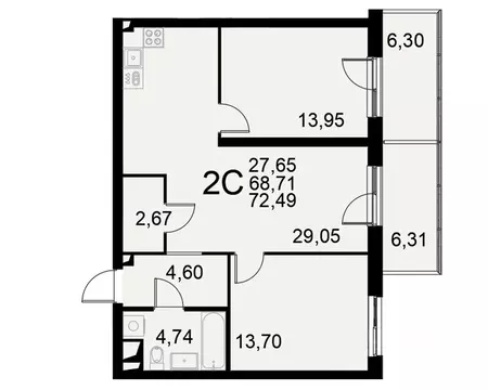 2-к кв. Тульская область, Тула Пушкинская ул., 2Г (68.71 м)