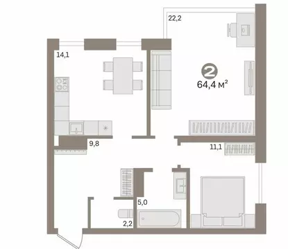 2-комнатная квартира: Тюмень, Тихий проезд, 6 (64.4 м)