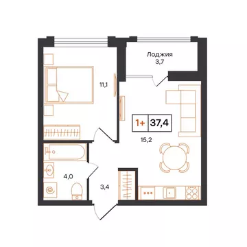 1-комнатная квартира: Тюмень, ЖК UNO (37.4 м)