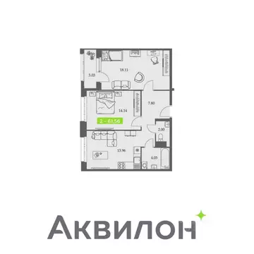 2-к кв. Архангельская область, Архангельск Троицкий просп., 110 (61.56 ...