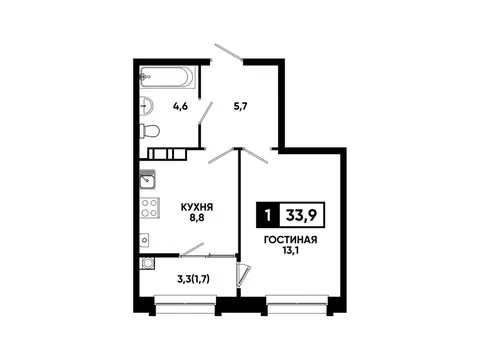 1-комнатная квартира: Кисловодск, улица Катыхина, 185 (33.9 м)