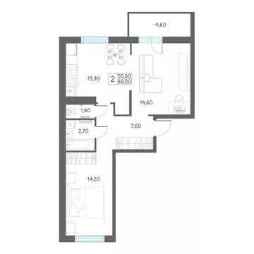 2-к кв. Тюменская область, Тобольск 7А мкр, 29 (59.0 м)