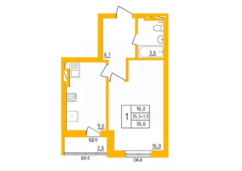 1-к кв. Башкортостан, Уфа Инорс-4Б мкр, Акварель жилой комплекс (36.2 ...