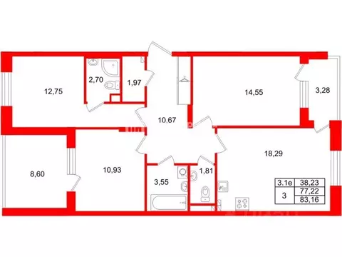3-к кв. Санкт-Петербург Пулковское ш., 99к4 (77.22 м)