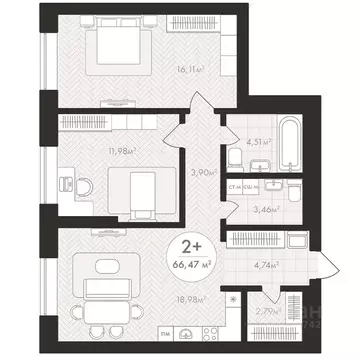 2-к кв. Башкортостан, Уфа Южный-2 мкр,  (66.47 м)