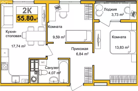2-комнатная квартира: Симферополь, улица Батурина, 145 (51.8 м)