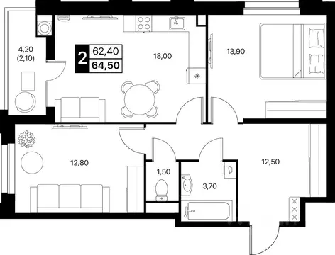 2-к кв. Ростовская область, Ростов-на-Дону бул. Авиаторов (64.5 м)