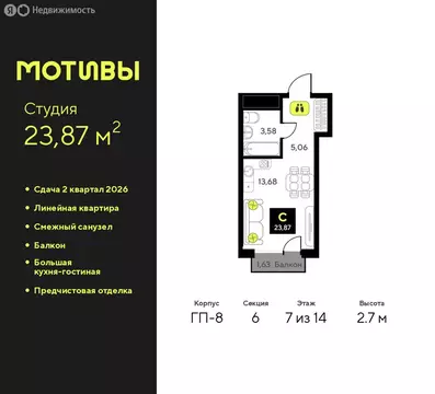Квартира-студия: Тюмень, жилой комплекс Мотивы (23.87 м)