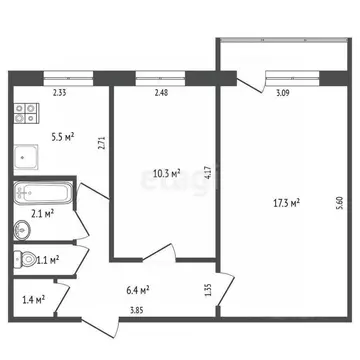 2-к кв. Кемеровская область, Кемерово Октябрьский просп., 7а (44.1 м)