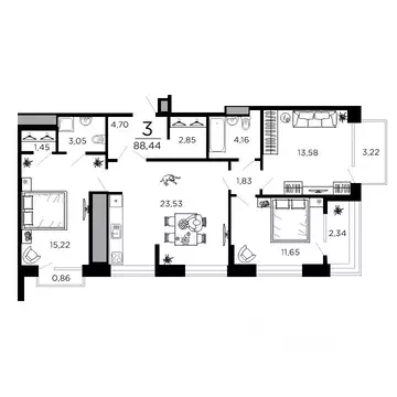 3-к кв. Рязанская область, Рязань ул. 1-я Железнодорожная (88.44 м)