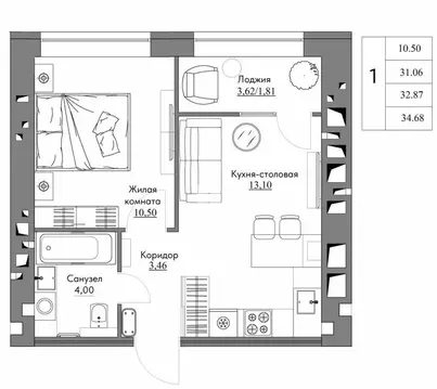 1-комнатная квартира: Калуга, Счастливая улица, 9А (34 м)