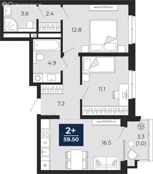 2-комнатная квартира: Тюмень, проезд Капитана Куликова, 7 (59.5 м)