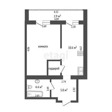 1-комнатная квартира: Калининград, улица Старшины Дадаева, 66 (37.2 м)