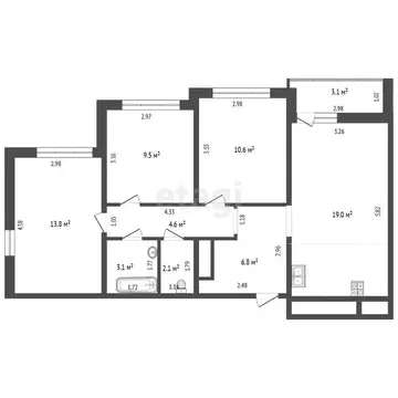3-комнатная квартира: Тюмень, улица Анатолия Клиндюка, 1 (69.4 м)