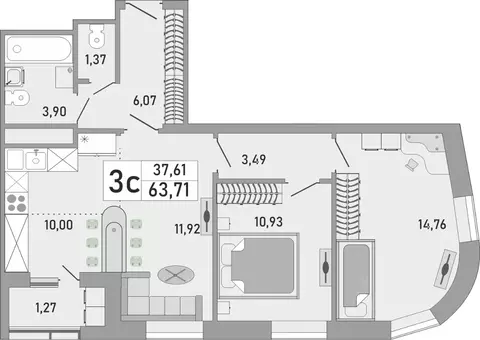 3-к кв. Башкортостан, Уфа Бакалинская ул., 9/1 (63.71 м)