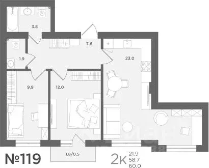 2-к кв. Калининградская область, Пионерский МС18 жилой комплекс (58.7 ...