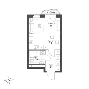 Студия Свердловская область, Екатеринбург Солнечный жилрайон,  (26.6 ...
