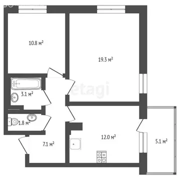 2-комнатная квартира: Тюмень, Профсоюзная улица, 49 (55 м)