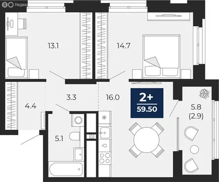 2-комнатная квартира: Тюмень, улица Тимофея Чаркова, 77 (62.4 м)