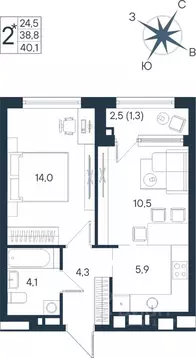 Студия Пермский край, Пермь ул. Космонавта Беляева, 17 (40.1 м)