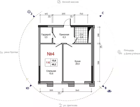 1-к кв. Калужская область, Обнинск ул. Усачева (49.2 м)