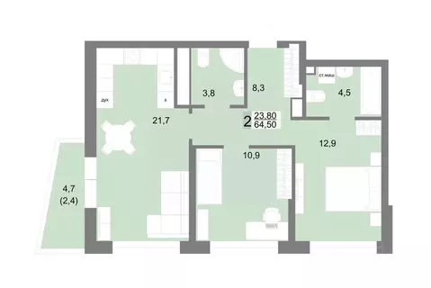 2-к кв. Свердловская область, Екатеринбург ул. Семена Лагоды, 80 (64.5 ...