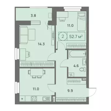 2-к кв. Пермский край, Пермь Трамвайная ул., 27 (52.6 м)