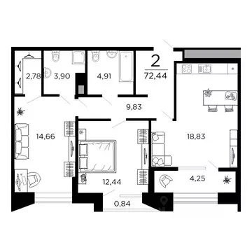 2-к кв. Рязанская область, Рязань ул. 1-я Железнодорожная (72.44 м)