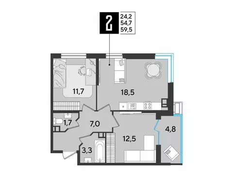 2-комнатная квартира: Краснодар, микрорайон Парк Победы (59.5 м)