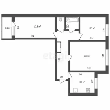 3-комнатная квартира: Тюмень, Профсоюзная улица, 65 (57.2 м)