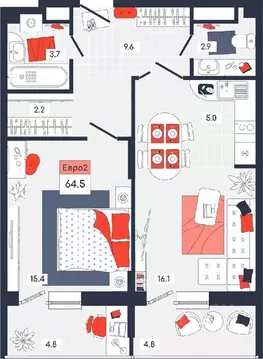 2-к кв. Тульская область, Тула ул. Академика Насоновой, 9 (64.5 м)
