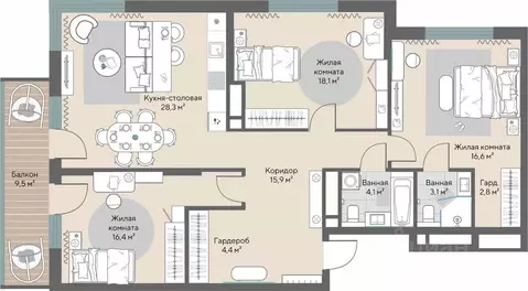 3-к кв. Свердловская область, Екатеринбург ВИЗ жилрайон, Нагорный ...