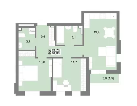 2-к кв. Свердловская область, Екатеринбург ул. Семена Лагоды, 80 (64.0 ...