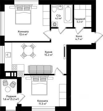 2-к кв. Калининградская область, Гурьевск Пражский жилой комплекс ...
