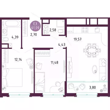 2-к кв. Тульская область, Тула ул. Купцов Гречихиных (61.09 м)