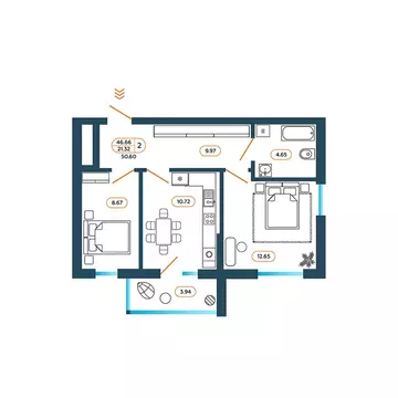 2-комнатная квартира: Батайск, Родная улица, 1 (50.5 м)