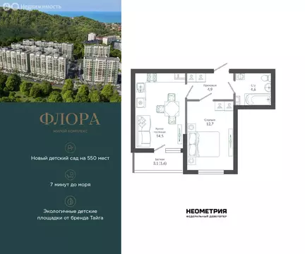 1-комнатная квартира: Сочи, улица Искры, 66/9к7 (38.6 м)