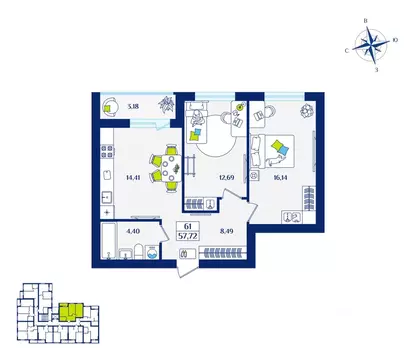 2-к кв. Калининградская область, Зеленоградск  (57.72 м)